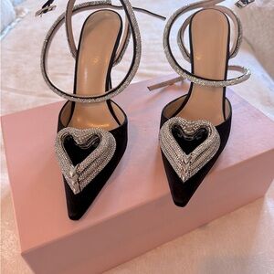 Mach & Mach satin triple heart black pump with crystals